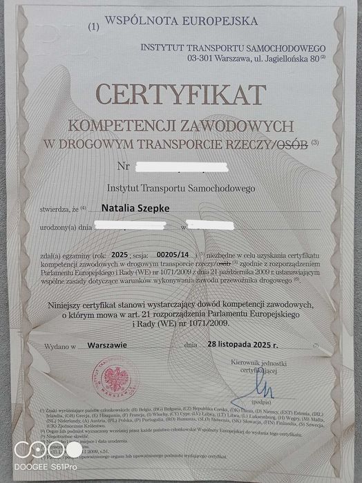 Użyczenie Certyfikatu Kompetencji Zawodowych