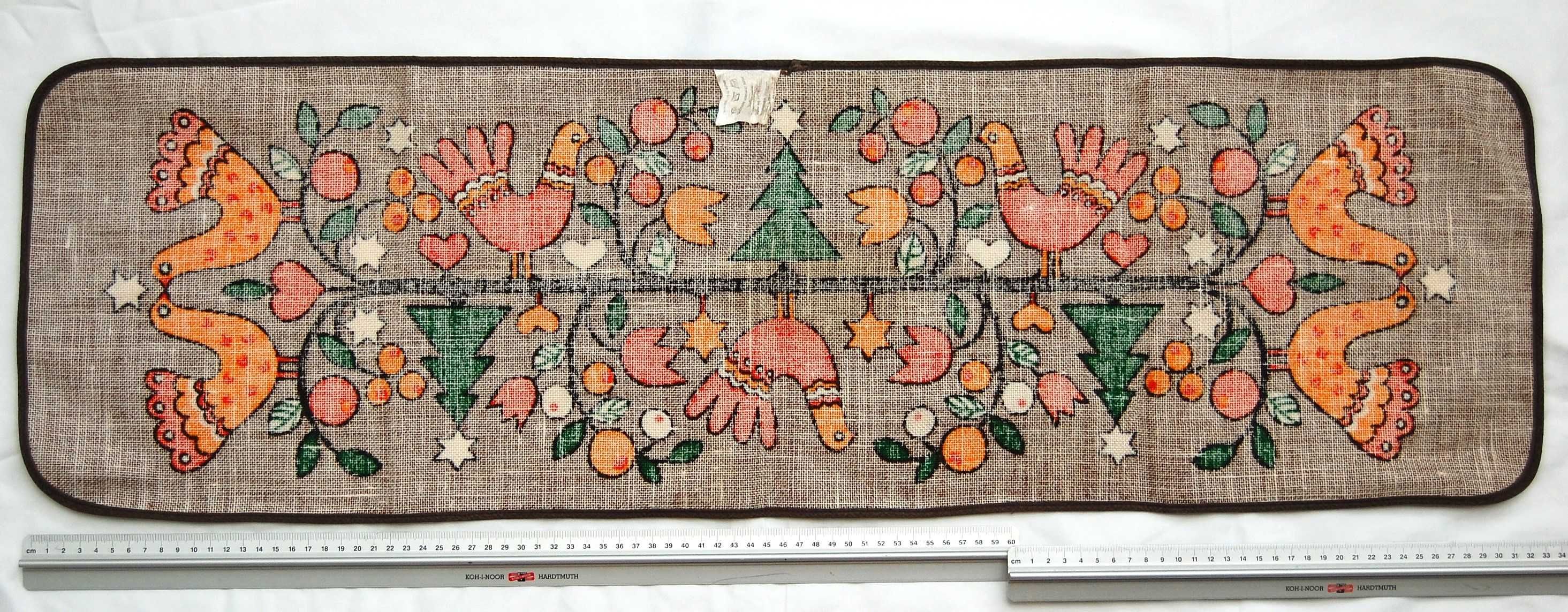 Bieżnik świąteczny, PRL, NRD, DDR, vintage, juta, nadruk, ptaki, folk
