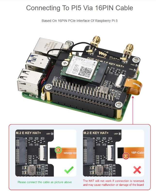 Waveshare Raspberry Pi 5 PCIe To M.2 E KEY NGFF WIFI7 WIFI6