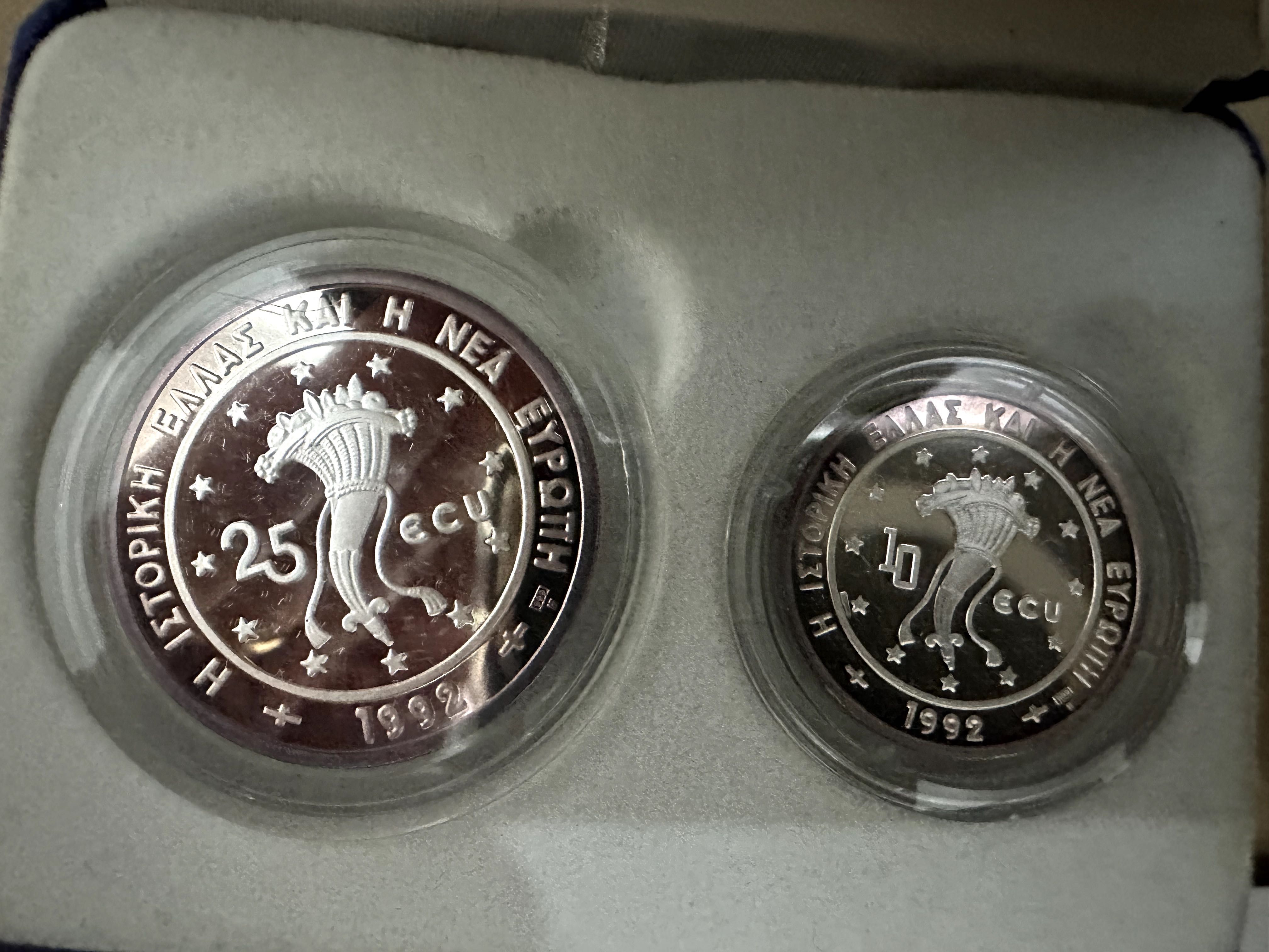 Set 1992 Grécia 2 moedas 10-25 ECU Prata Proof