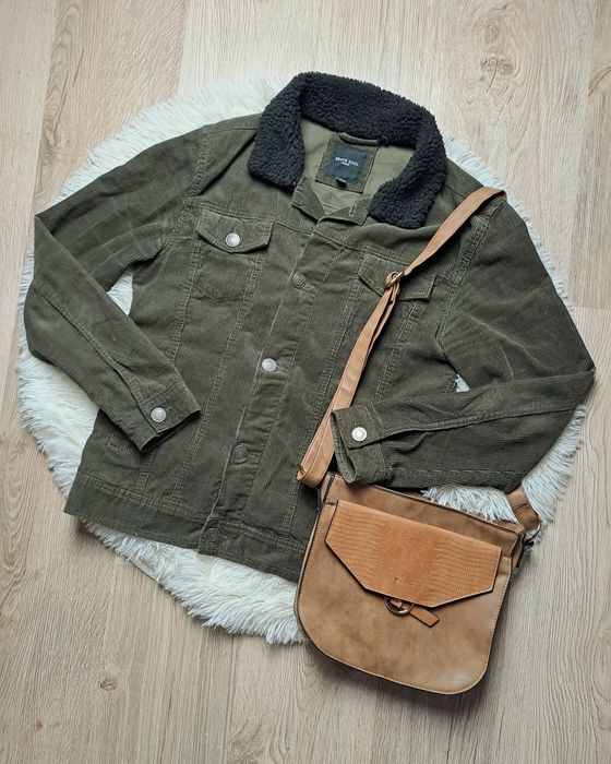 Zielona Kurtka Khaki | Bawełna | Prążek | Z Czarnym Kołnierzem Baranek