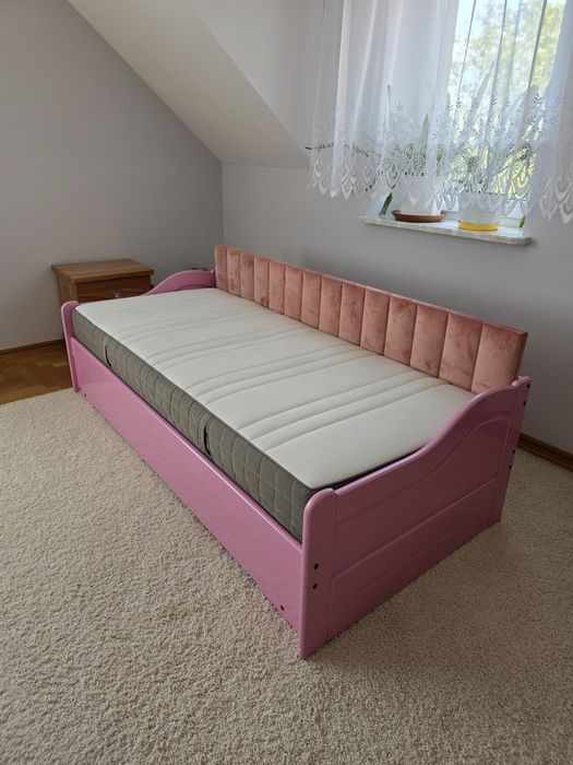 Łóżko dziecięce podwujne loft sosnowe różowe
