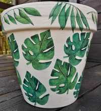 ceramiczna gliniana osłona na donicę decoupage handmade motyw roślinny