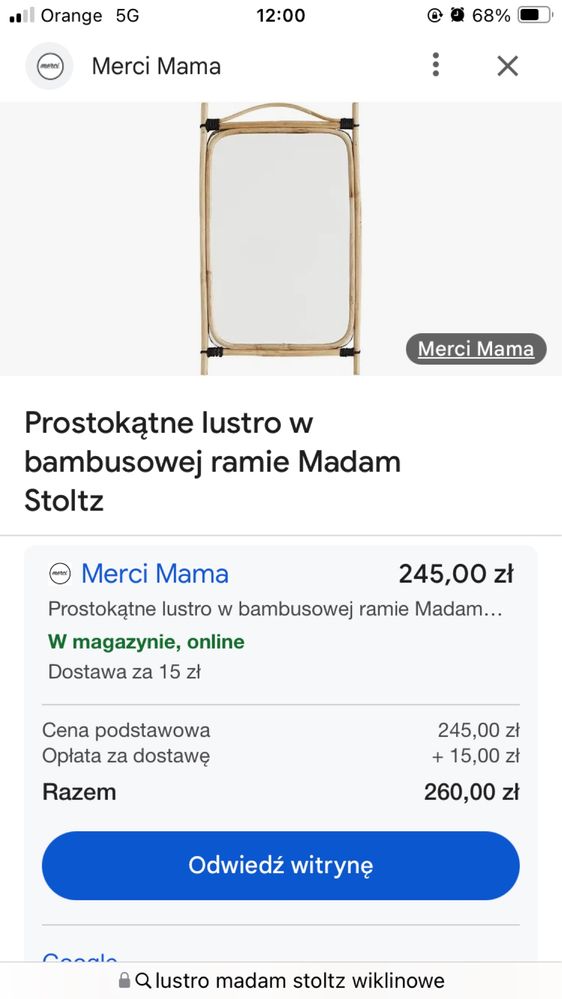 Lustro Madam Stoltz w bambusowej ramie design bal