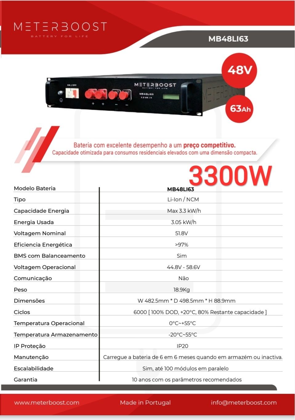 Bateria de Lítio 48V 4200Wh 4.2KWh 1800Wh 2400Wh 3300Wh