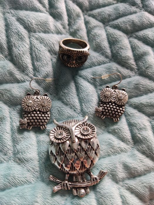 Zestaw biżuterii z sowami broszka, kolczyki, pierścionek