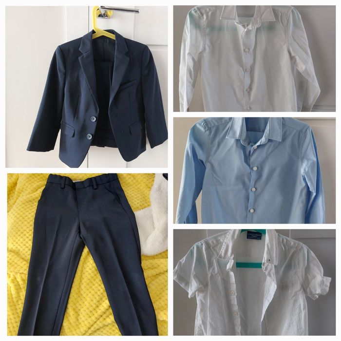 Zestaw: marynarka, spodnie, 3 koszule roz. 110