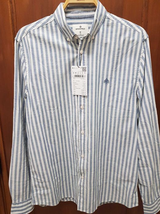 Camisas homem manga comprida azul riscas verde lisa - Novas