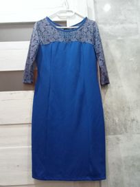 Sukienka elegancka niebieska koktajlowa  koronka kokardy