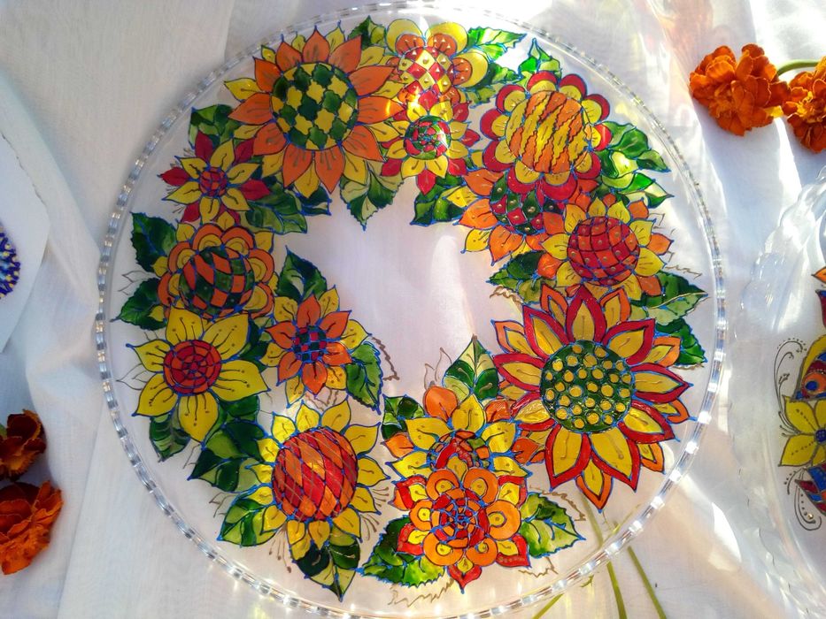 Тортниця. Блюдо для пирогів. Авторський вітражний розпис. Handmade