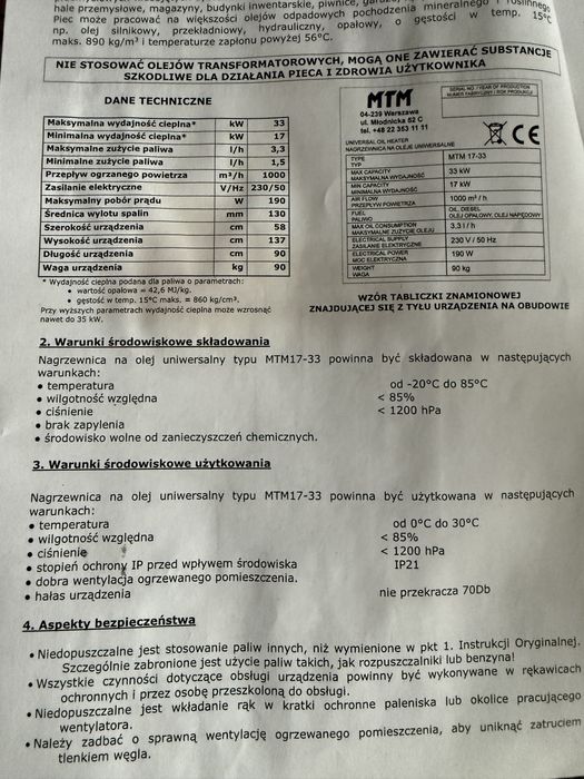 MTM Nagrzewnica Piec na olej uniwersalny 17-33 KW