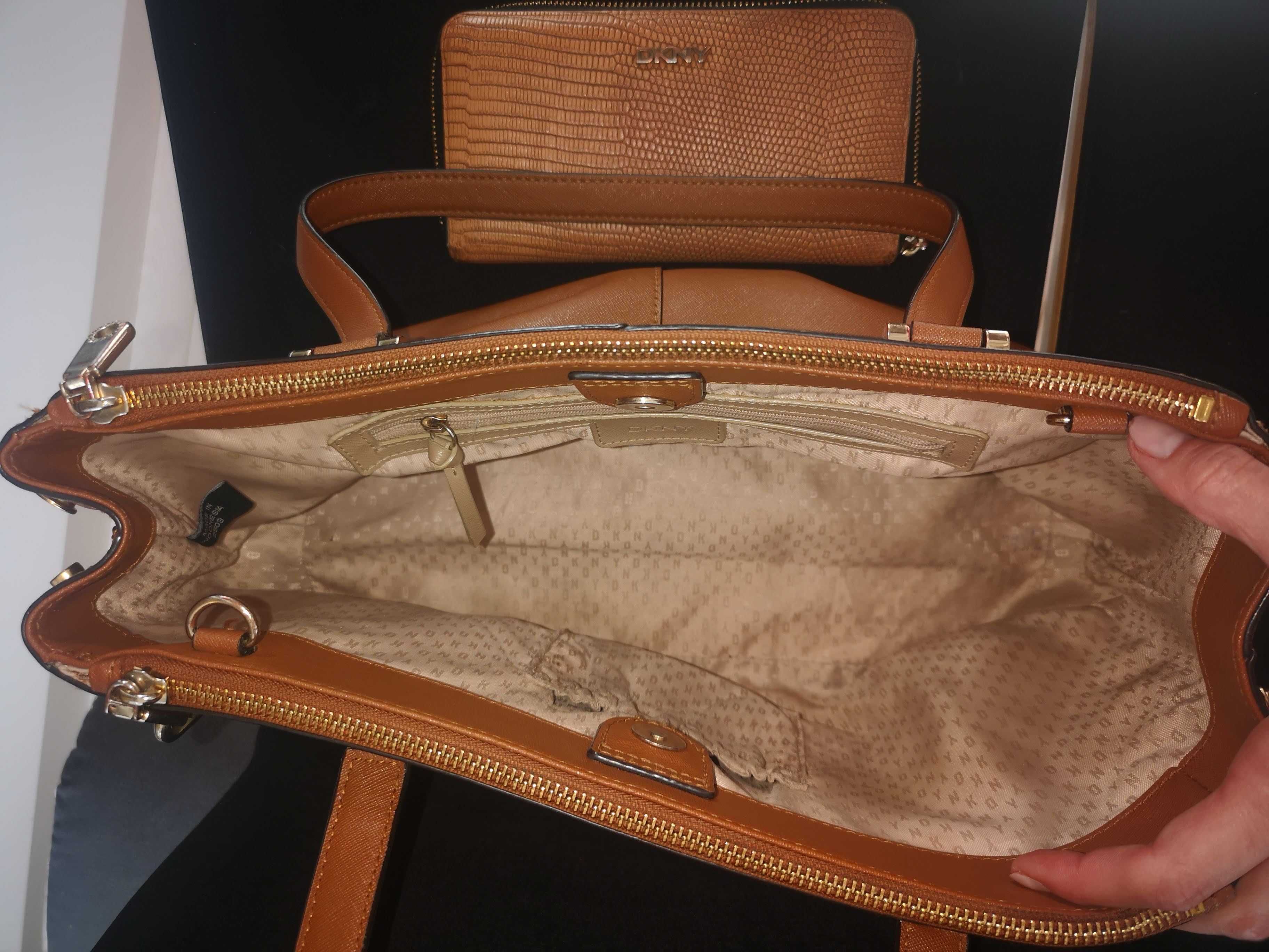 Torba duża, portfel camel DKNY skórzana, skóra A4 Donna Karan