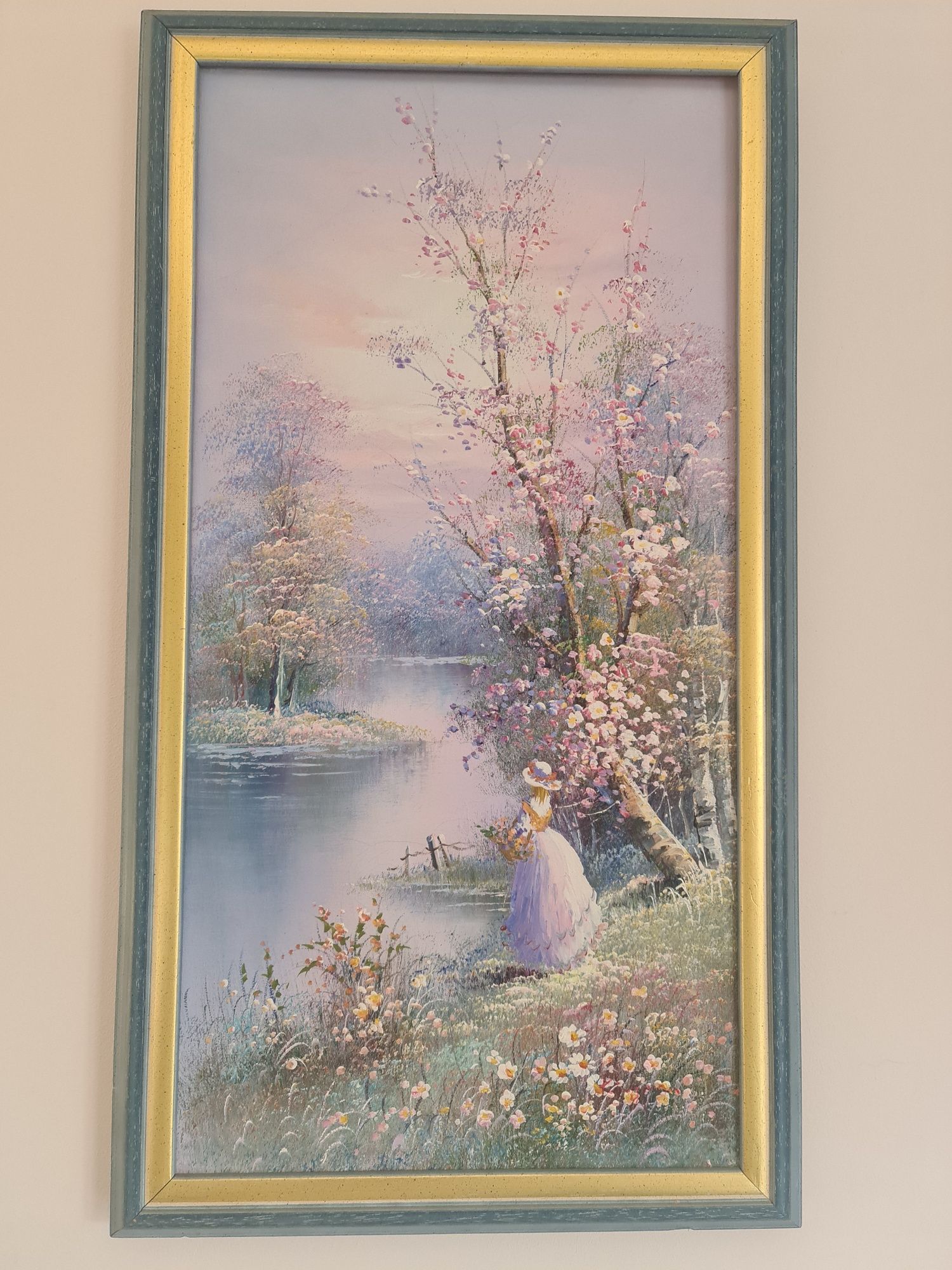 Śliczny obraz Dama nad rzeką w pastelowych kolorach