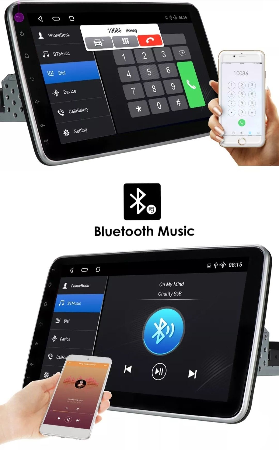 Radio 10.1" regulowany dotykowy ekran Android 1DIN USB WiFi Bluetooth