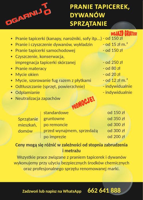 Sprzątanie mieszkań Pranie Tapicerki Pielęgnacja Nagrobków