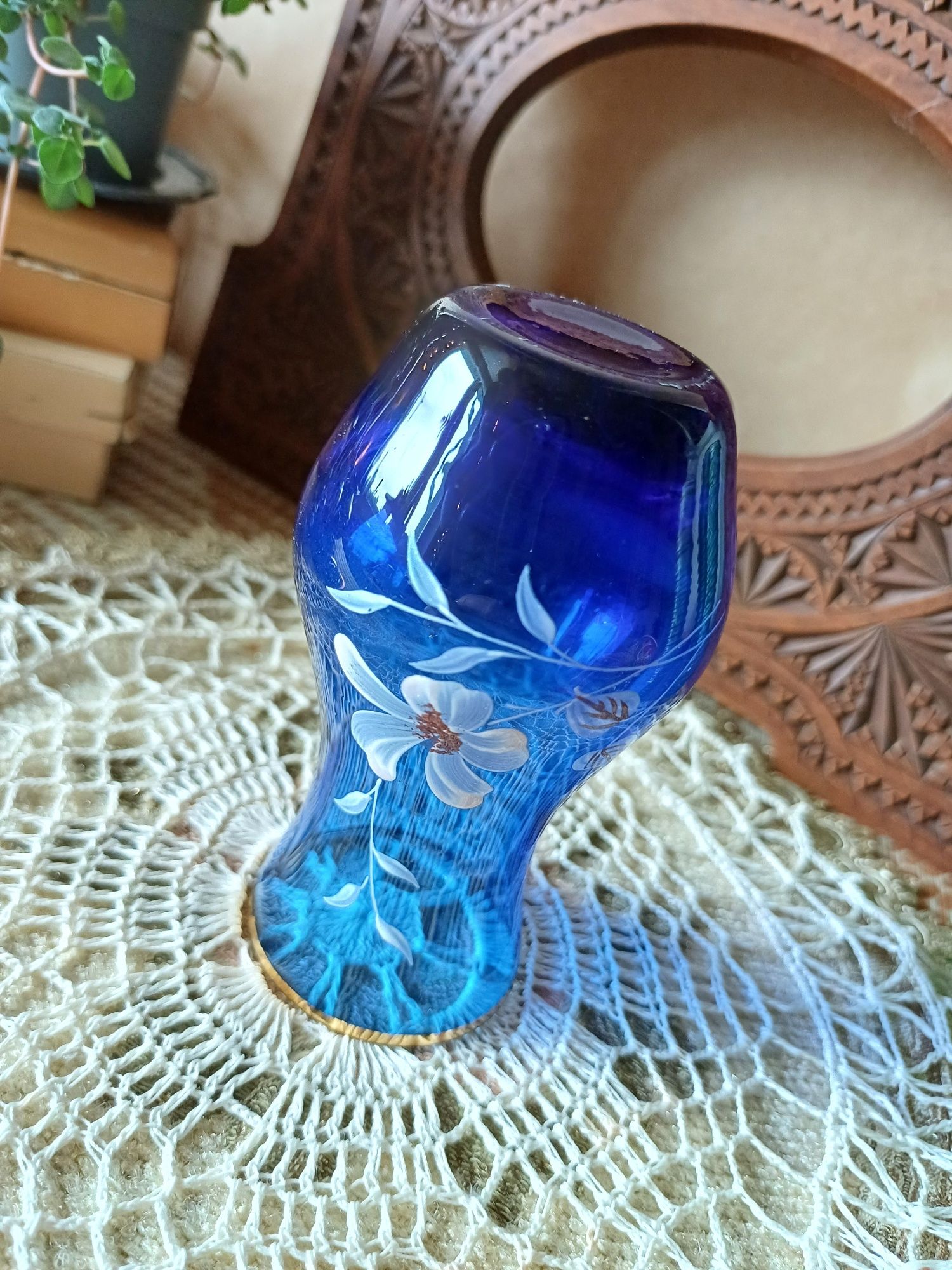Flakonik wazonik wazon kobalt malowany niebieski stare szkło