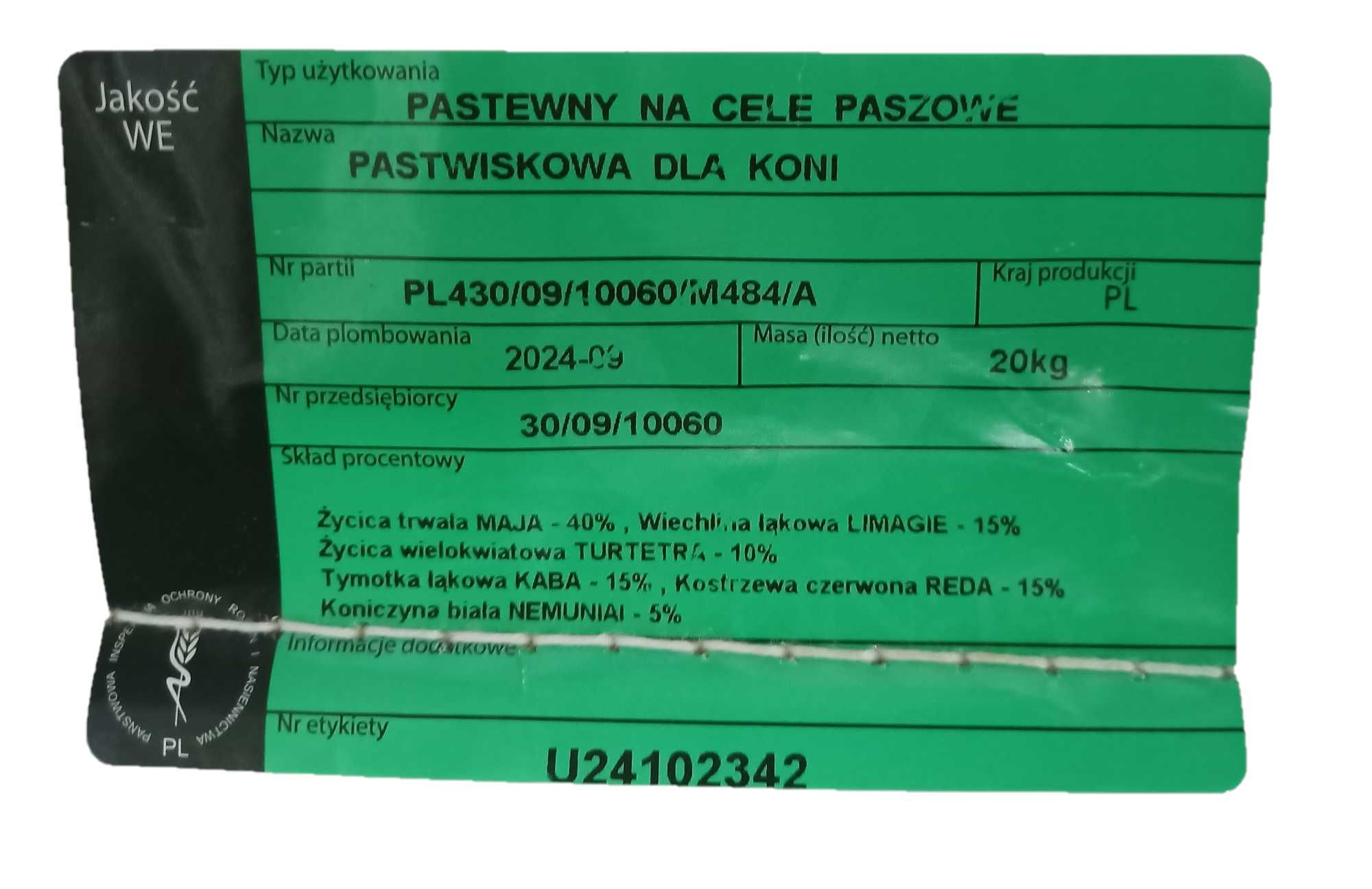 Trawa pastwiskowa dla Koni worek 20 kg na 0,5 hektara, trawa dla koni