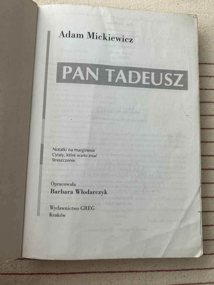Pan Tadeusz Adam Mickiewicz wydanie z opracowaniem Greg