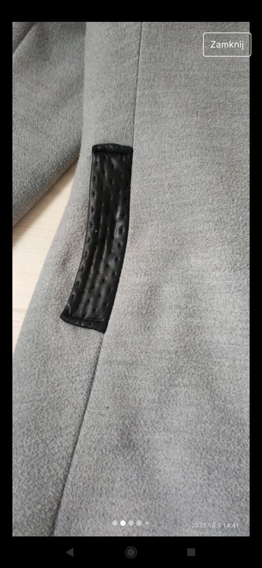 Szary płaszcz rozmiar S ze skórzanymi wstawkami