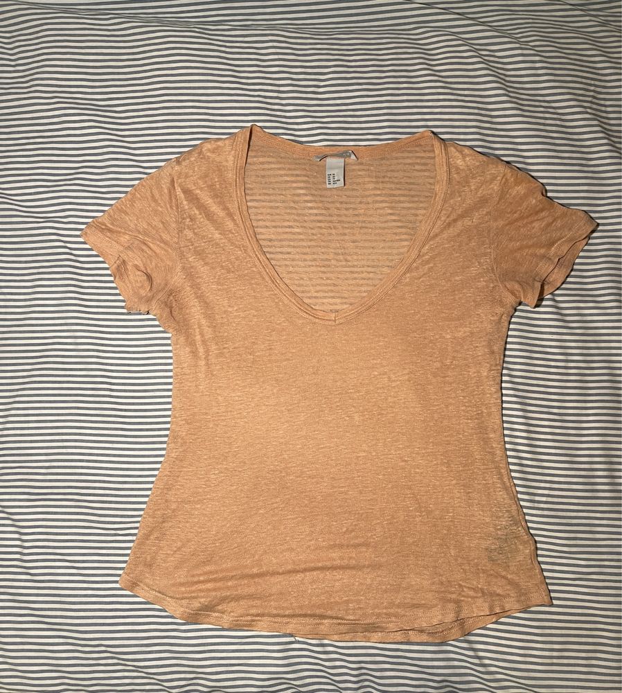 lniana bluzka t-shirt w serek r XS H&M pomarańczowa cielista