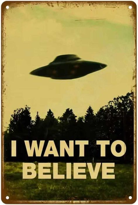 Металлическая винтажная табличка «I WANT TO BELIEVE», размер 20х30 см.