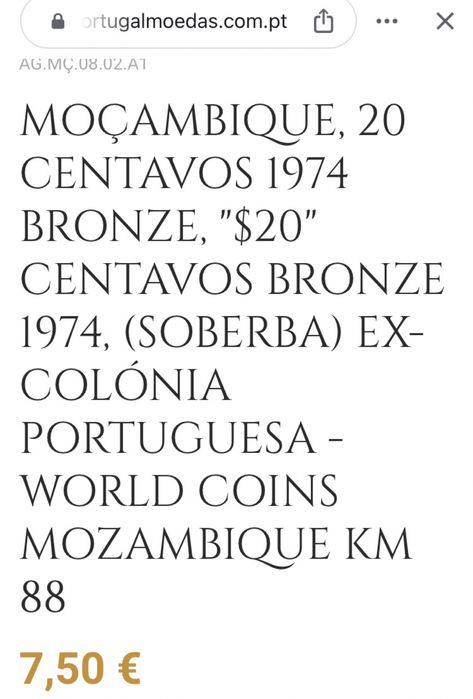 Moeda 20 cêntimos - Moçambique 1974