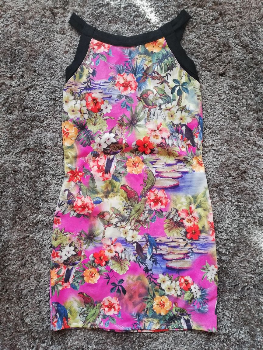 Sukienka bodycon ołówkowa kwiaty tropicalny print neon neonowy halter