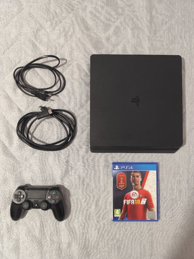 PS4 Slim 500GB + Comando Preto + Jogo FIFA 18 Na Caixa Original