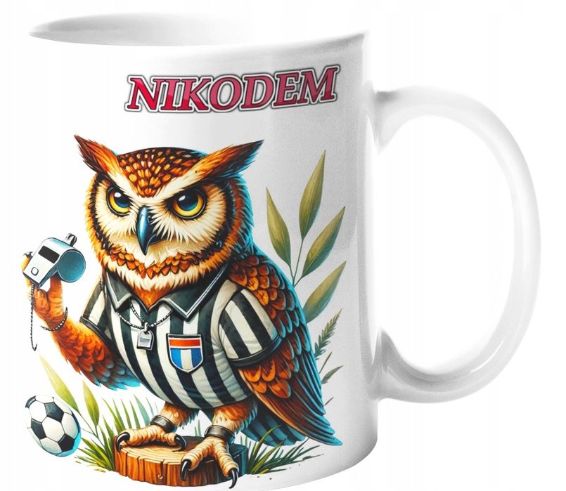 zestaw kubek 330ml + poduszka piłka nożna sowa sędzia piłkarski + imię
