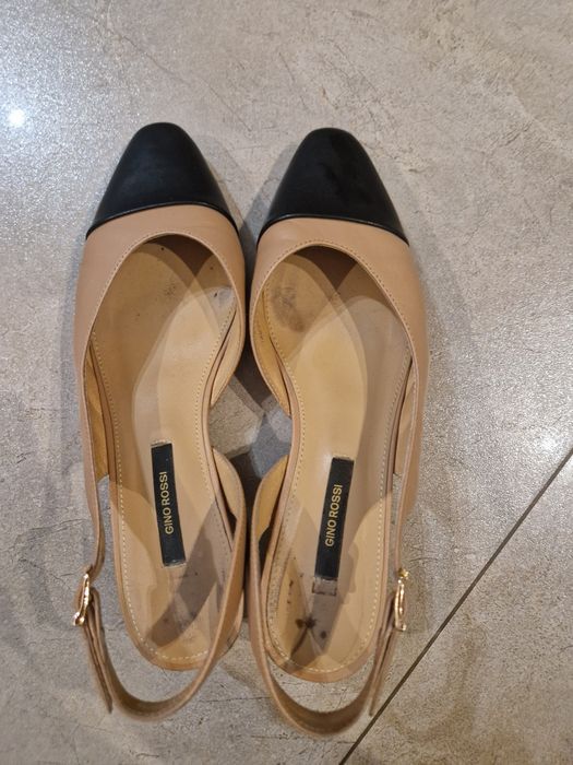 Gino Rossi skórzane 37 beżowe buty z czarnym noskiem za piętę