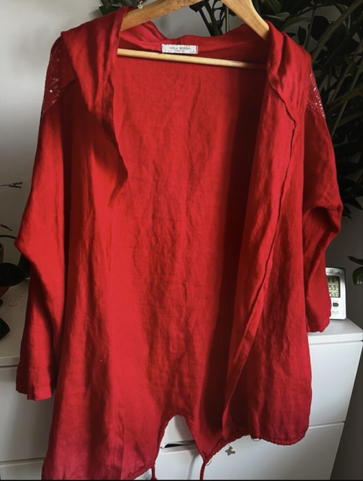 100% len lniana kurtka bluza kardigan czerwona M