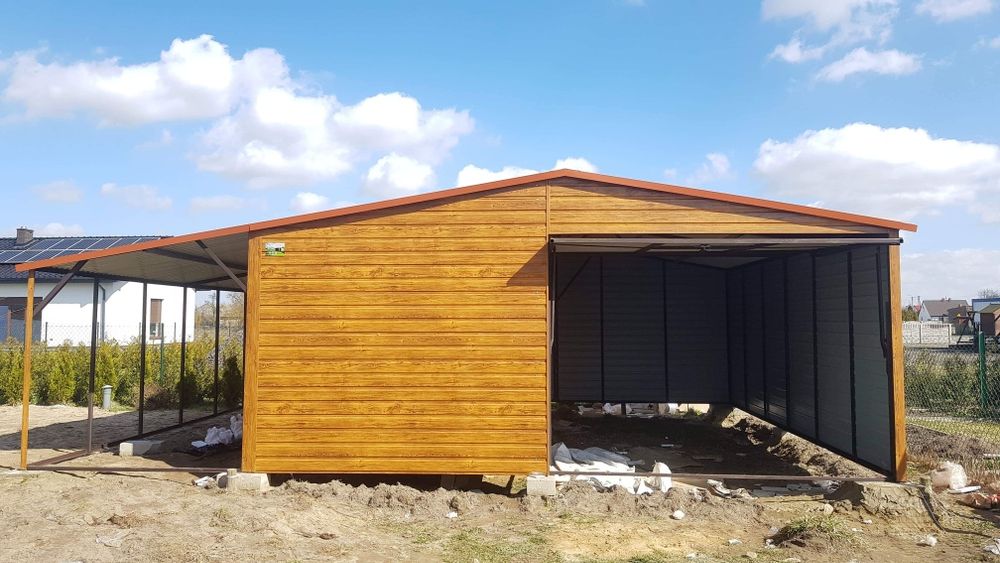 Garaż blaszany drewnopodobny 5x6 + 2m wiaty Złoty Dąb