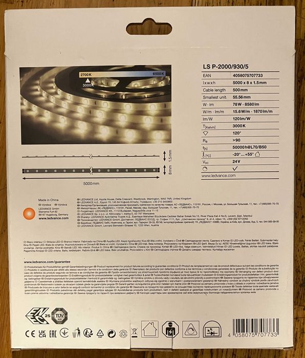 LED strip 24v 78w 5m 3000K dimmable