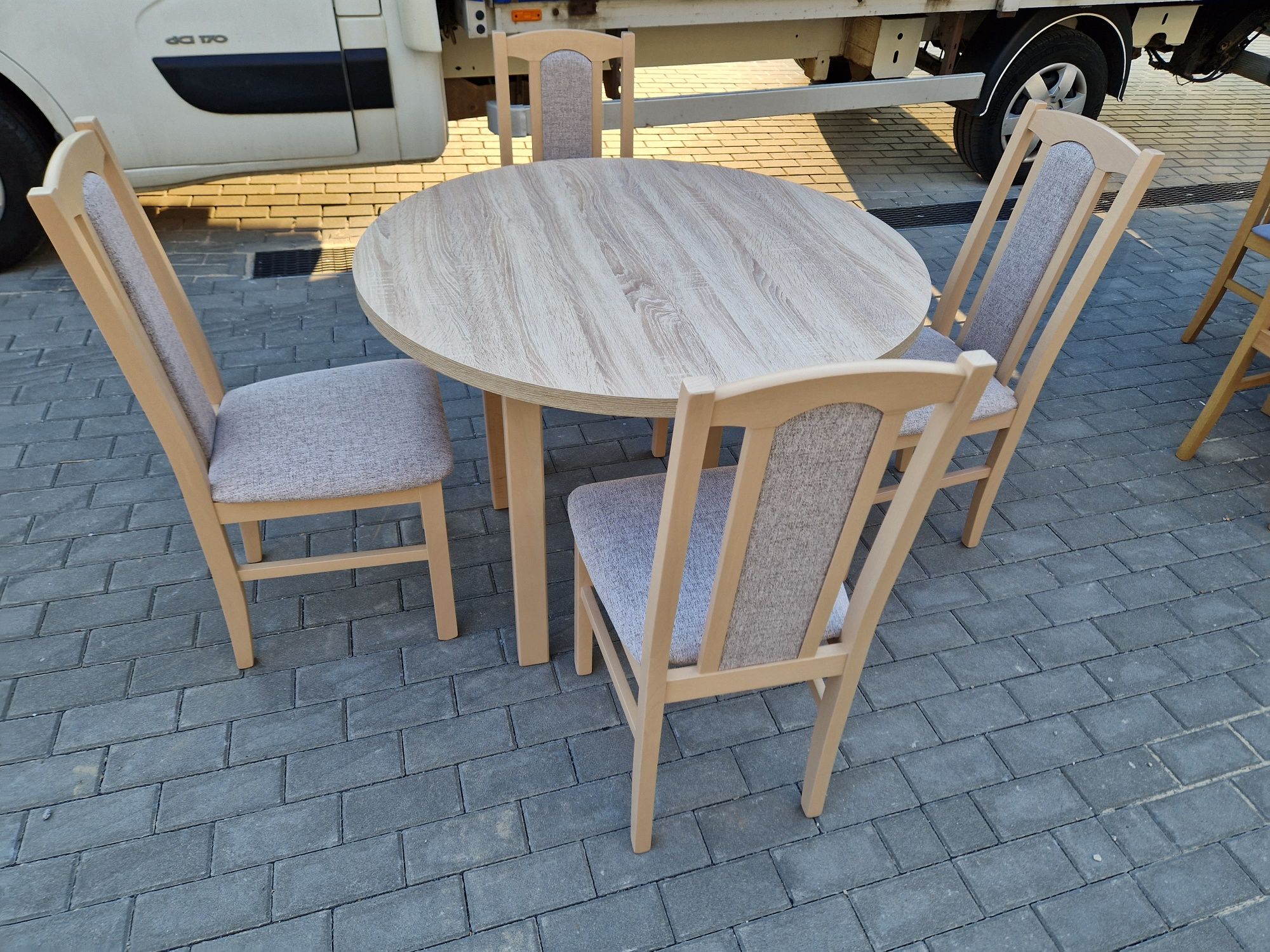 Nowe: Stół okrągły + 4 krzesła, sonoma + kawa z mlekiem , transPL
