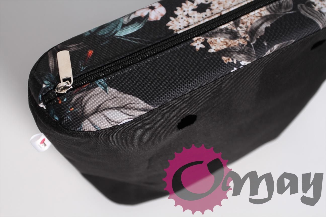 Czarny organizer OBAG MINI +OPASKA kwiaty bzy konwalie 2kieszenie OMAY