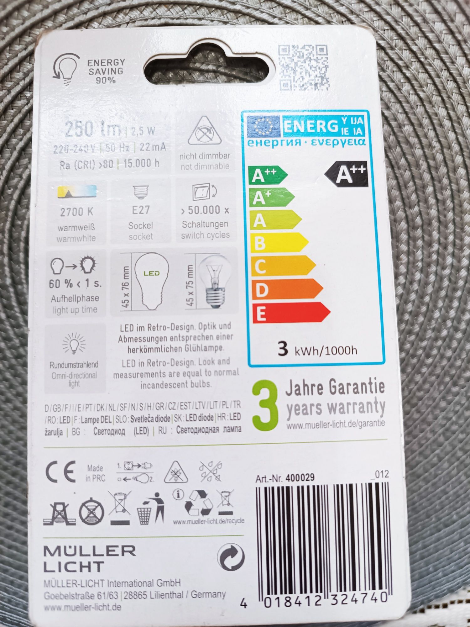 Żarówka LED filament E27 światło ciepłe 250lm 2,5W