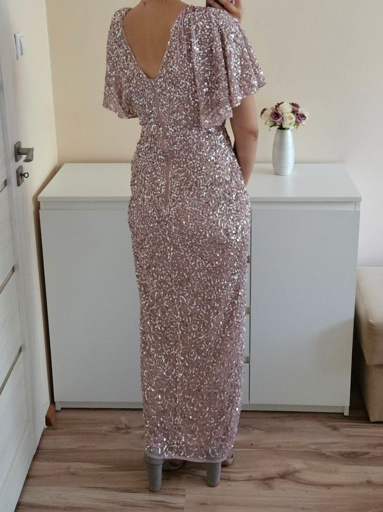 Sukienka maxi kopertowa beauut asos 34 XS cekinowa pudrowy róż wesele