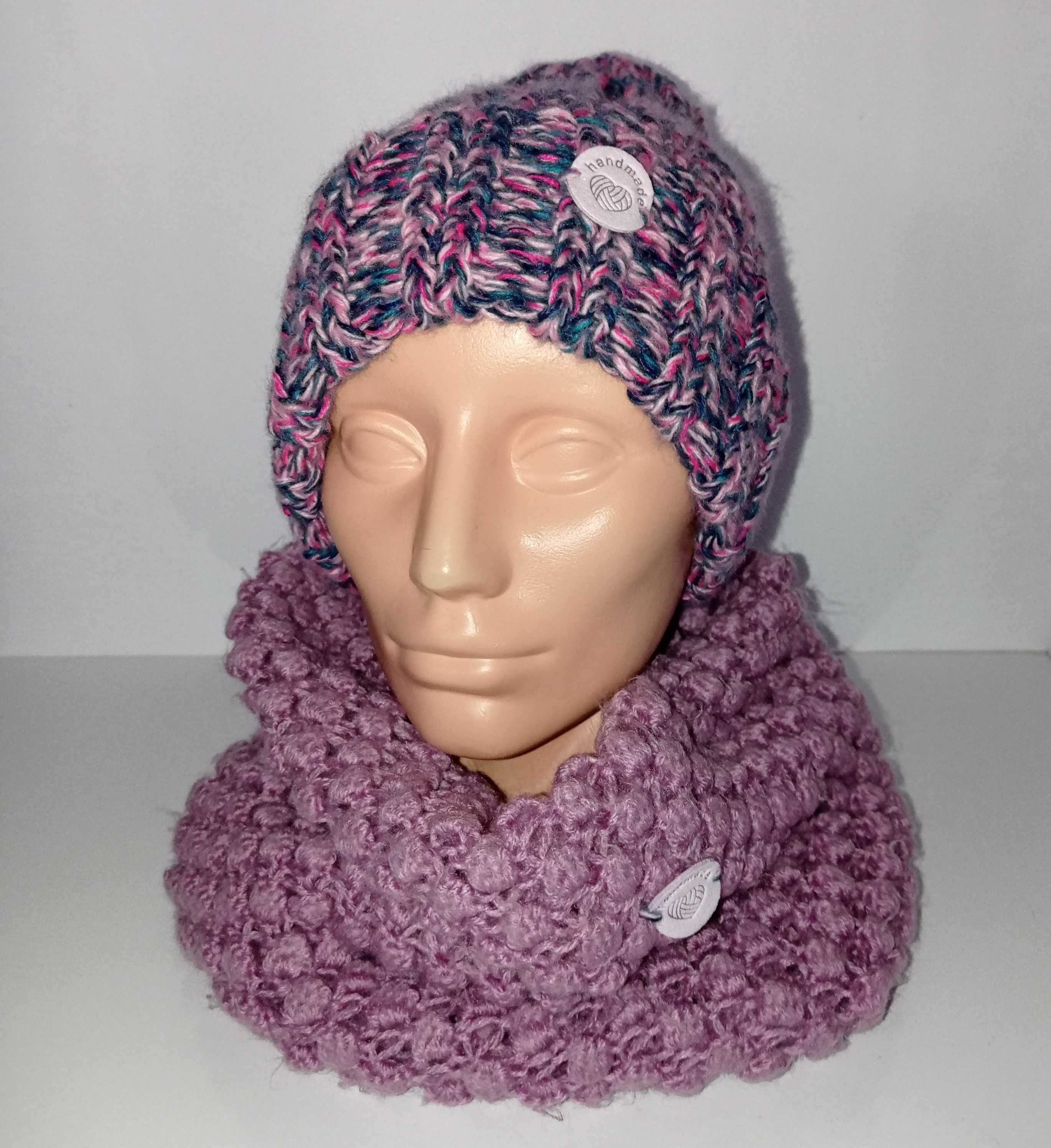 Rękodzielo Czapka na drutach+komin w bąbelki hand made Wyprzedaż