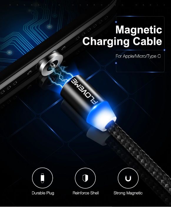Kabel Magnetyczny LED microUSB,USB Type-C, iPhone