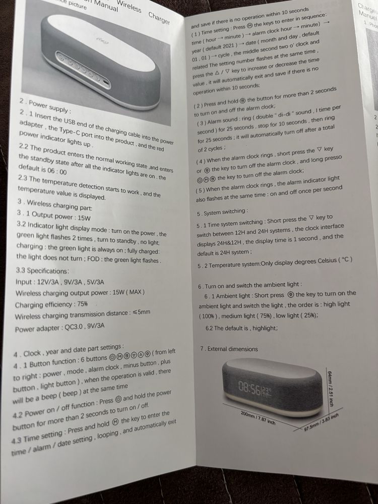 Ładowarka indukcyjna zegarek termometr i lampka 4w1.