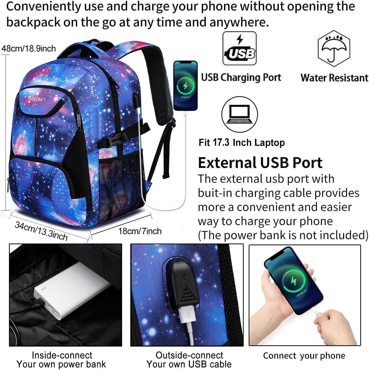 mochila Grande p computador portátil ate 17.3", c porta USB