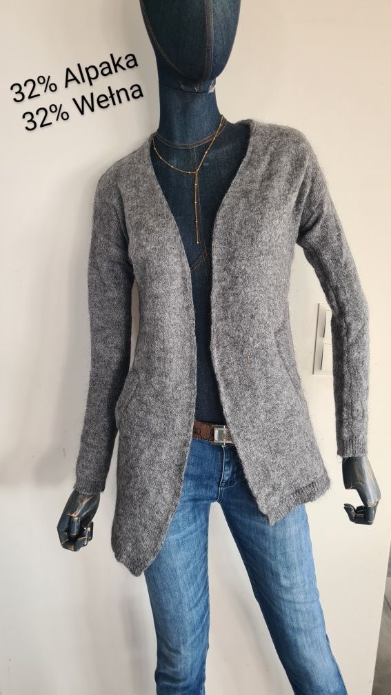Kardigan Sweter 32% Alpaka, 32% Wełna. Grafitowy. Rozmiar M 38
