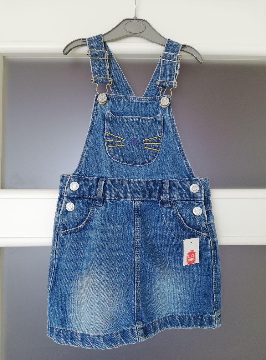 Sukienka ogrodniczka jeansowa z kotkiem Cool club r. 98, nowa z metką