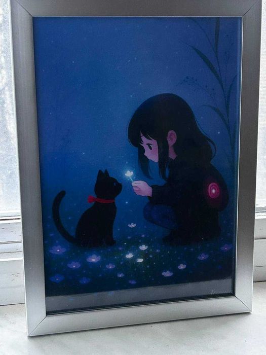 Картина авторская  "Девочка и Черный Кот" (Цифровая Живопись)