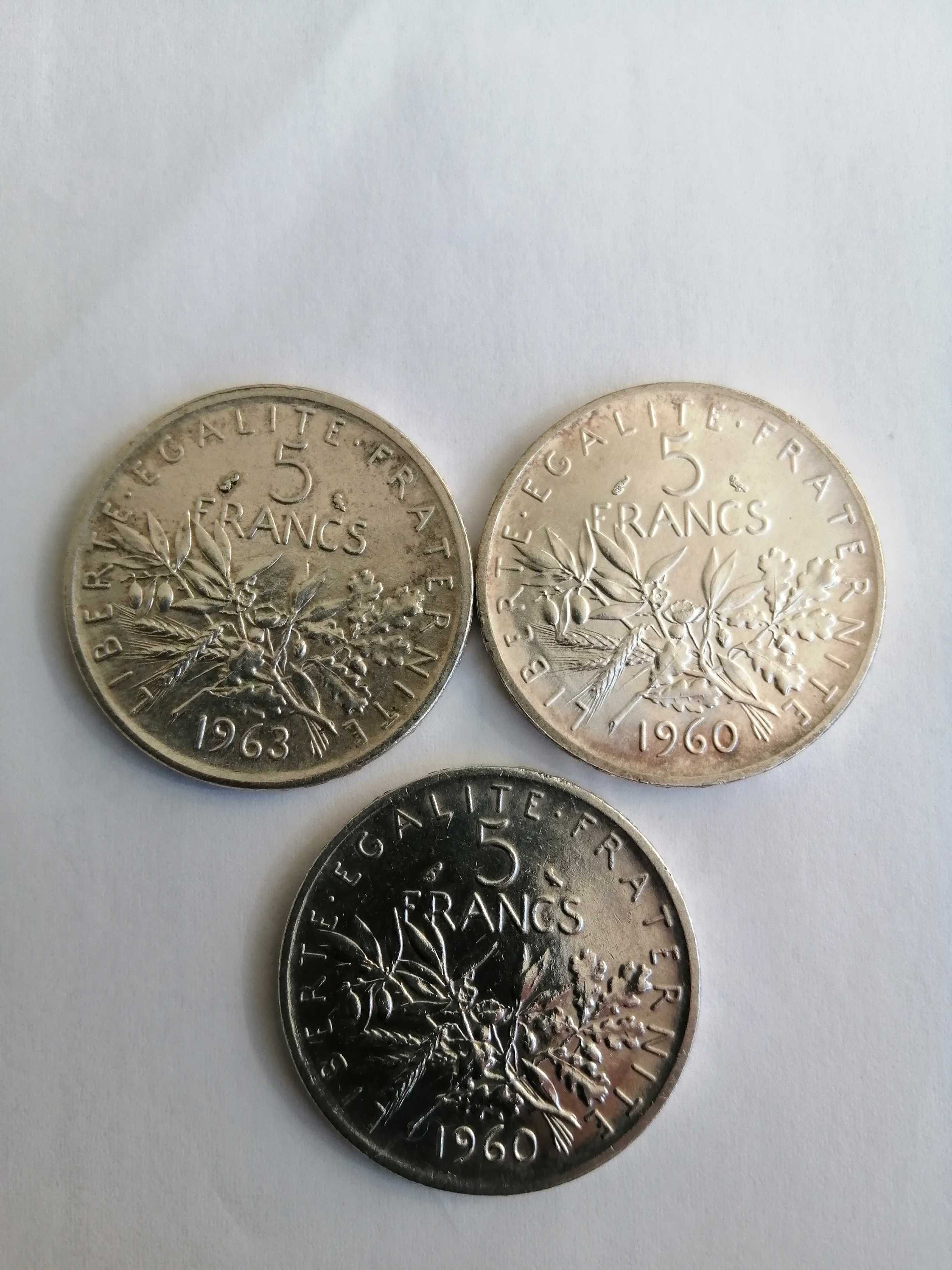 3 moedas prata belas de 5 Francos Franceses.