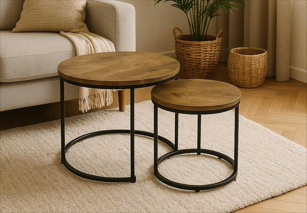 NOWY Stolik Kawowy Okrągły Ława Rozkładana Do Salonu Czarny Drewniany