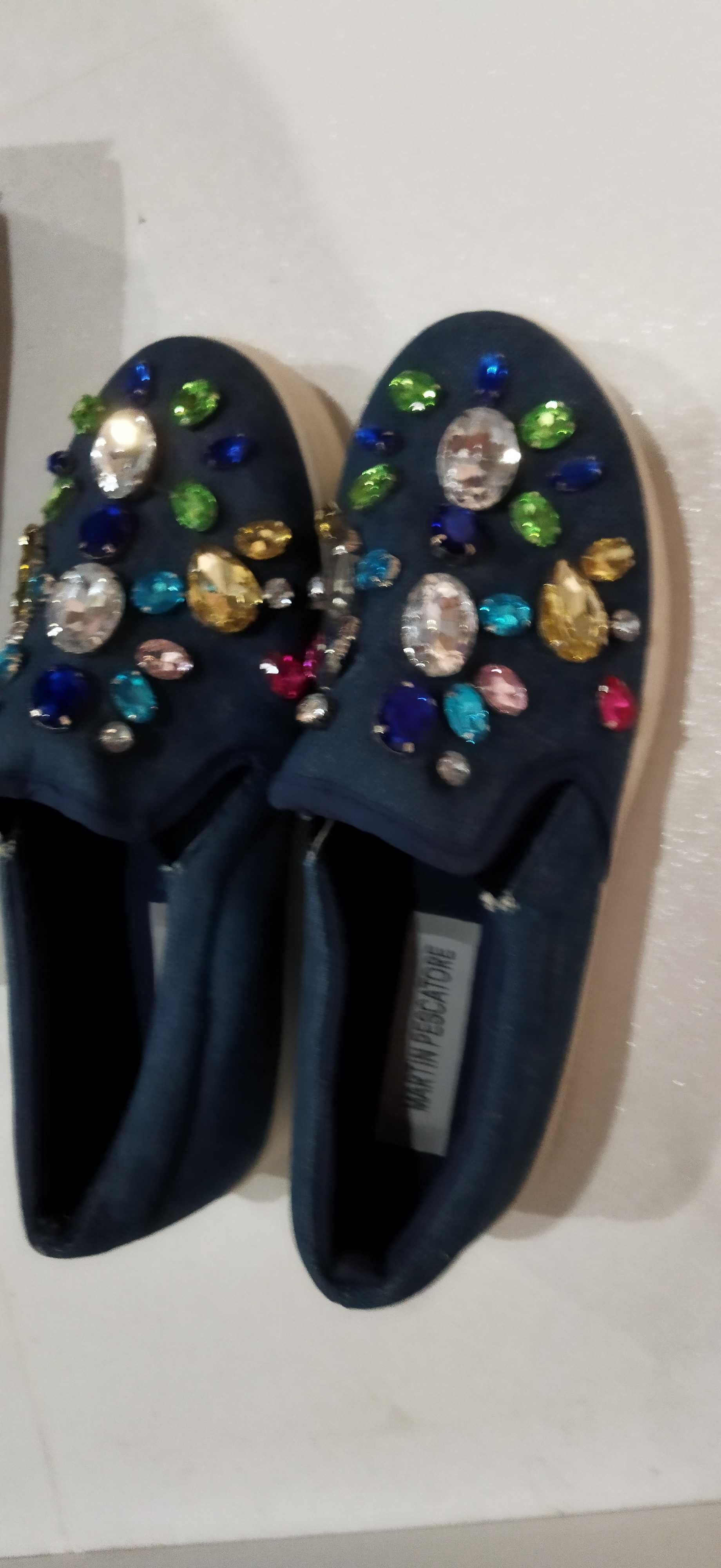 Nowe SLIP ON buty kamienie cyrkonie jeans swarovski gruba podeszwa