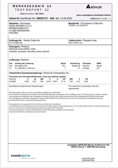 Сталь n690 BOHLER 2.7мм, сталь для ножів, Заготовки для ножів.