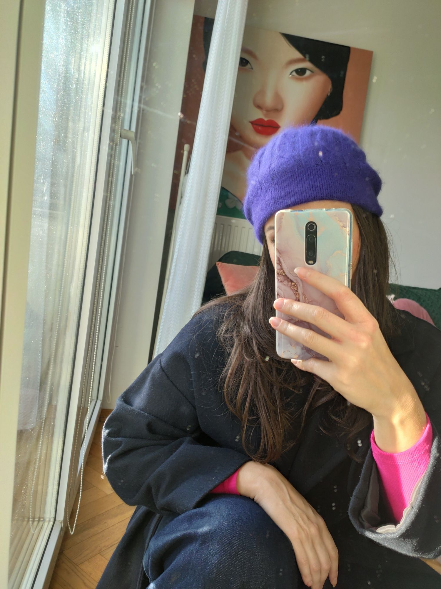 NOWY fioletowy beret czapka beanie 80% angora