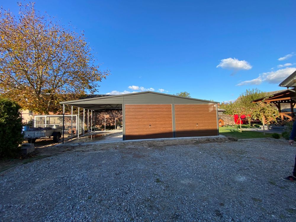 Garaż blaszany 6x6 plus wiata 3x6, antracyt, grafit mat, producent.
